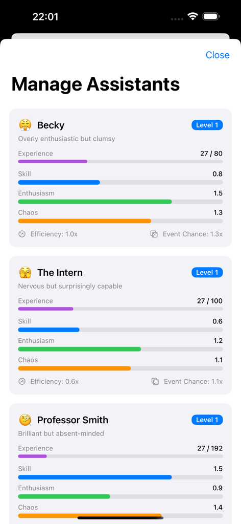 Interface for managing lab assistants Becky, The Intern, and Professor Smith with their experience and chaos stats in Lab Gone Wrong.