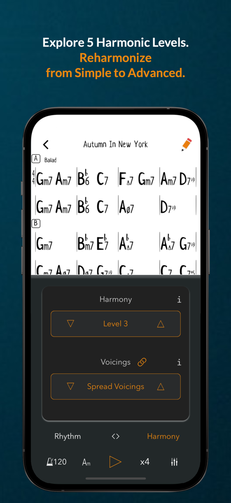 Genius Jamtracks - A screenshot showing the Genius Jamtracks app interface with a jazz chord chart for Autumn In New York and settings for harmonic levels and voicings.