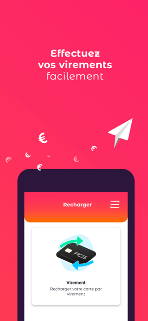 Interface of the MyPCS mobile app showing the option to top up a prepaid card via bank transfer