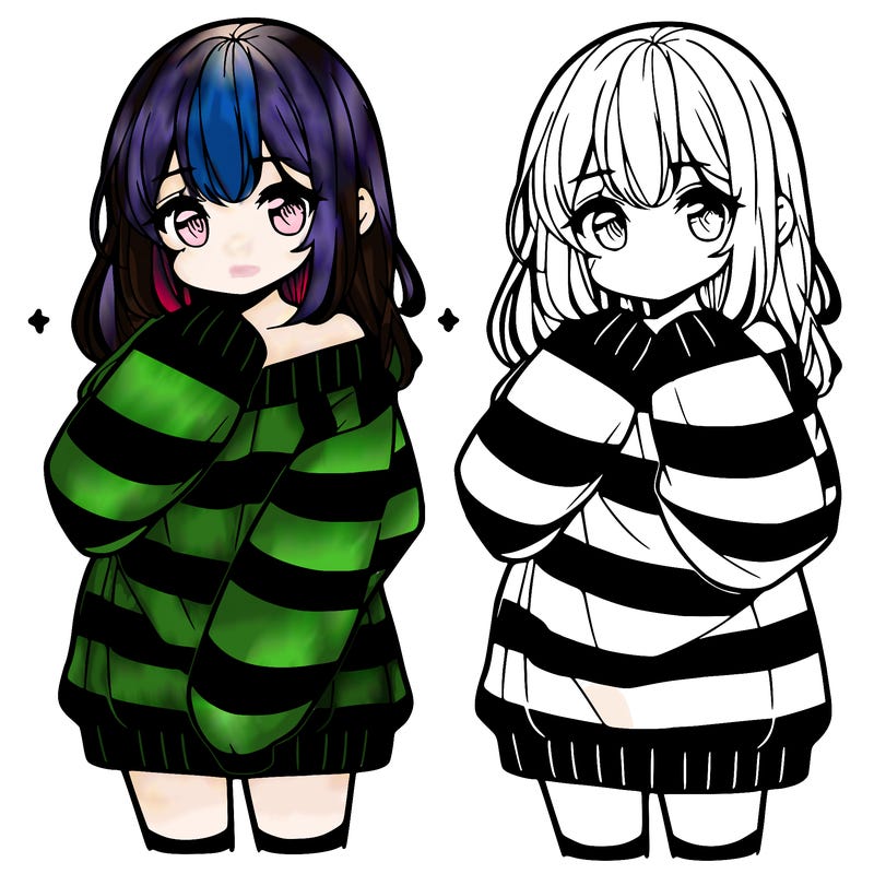 anime girl in a striped oversized sweater