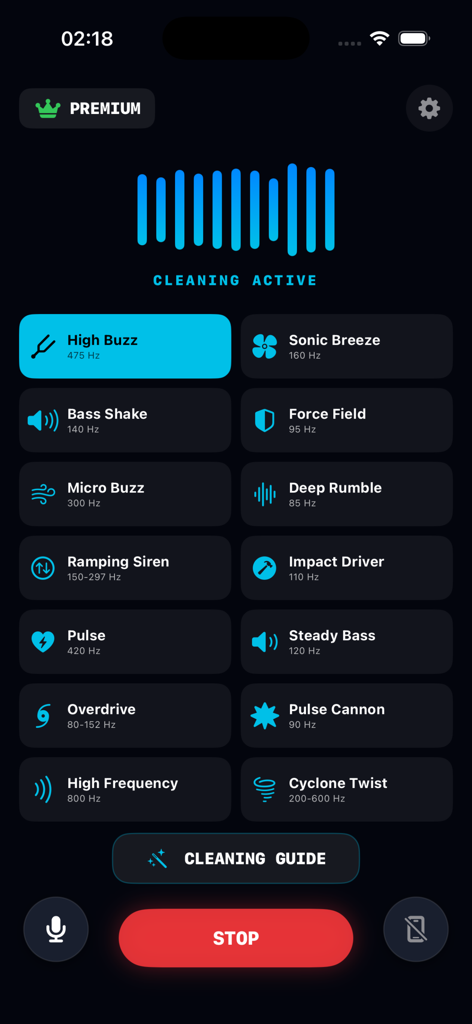 Dust Cleaner - Speaker Cleaner - Dust Cleanerアプリのインターフェイス。電話スピーカーをクリーニングするためのさまざまな音波周波数モードが表示されています。