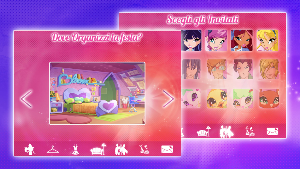 Winx Party - Schermate dell'app Winx Party per la selezione delle location e l'invito degli ospiti.