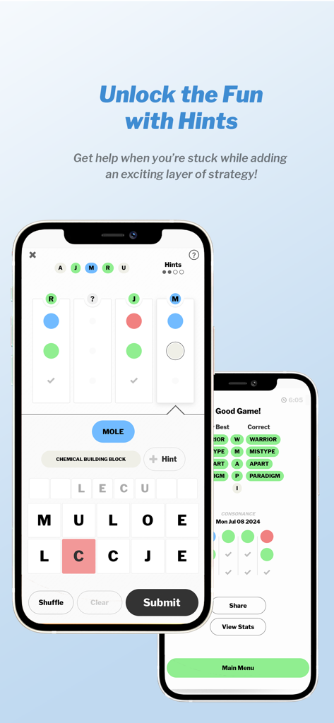 Interfaz de la aplicación Consonance que muestra la jugabilidad de descifrado de palabras y pistas
