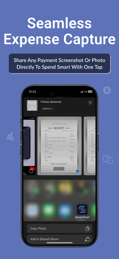 Uma tela de smartphone mostrando a captura contínua de despesas compartilhando uma foto de recibo diretamente para o aplicativo Spend Smart