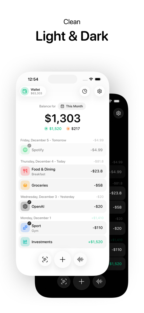 Qalta AI Expense Tracker app interface displaying financial transactions in both light and dark mode themes.
