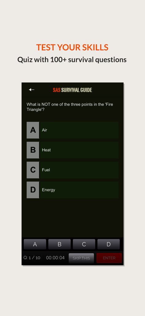 SAS Survival Guide - Lite - A survival skills quiz screen from the SAS Survival Guide Lite app showing a multiple choice question about fire safety