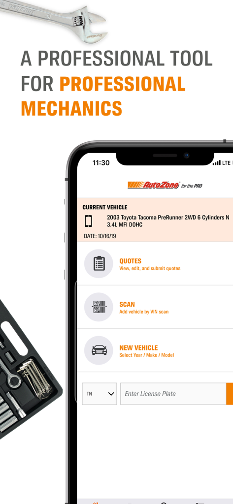 AutoZonePro Mobile app screen displaying vehicle identification and professional tools for mechanics