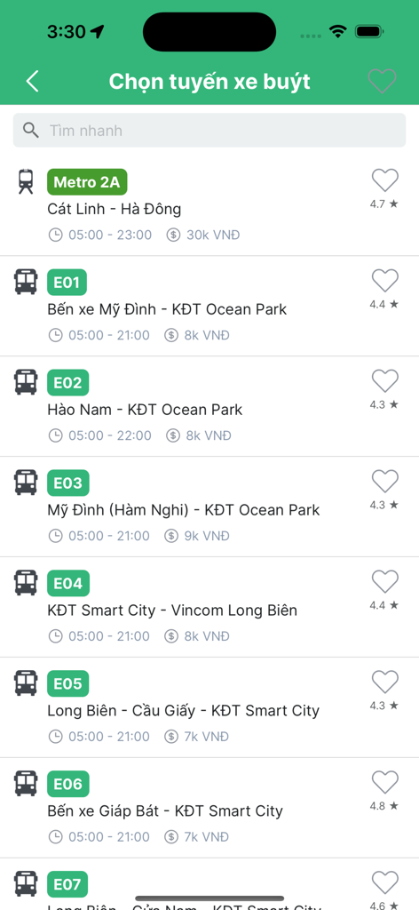 List of bus and metro routes in Hanoi with fares and schedules shown in the BusMap app