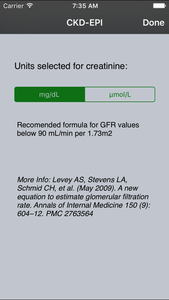Tela do aplicativo NefroCalc mostrando a seleção da fórmula CKD-EPI com unidades de creatinina em mg por dL ou micromoles por L.
