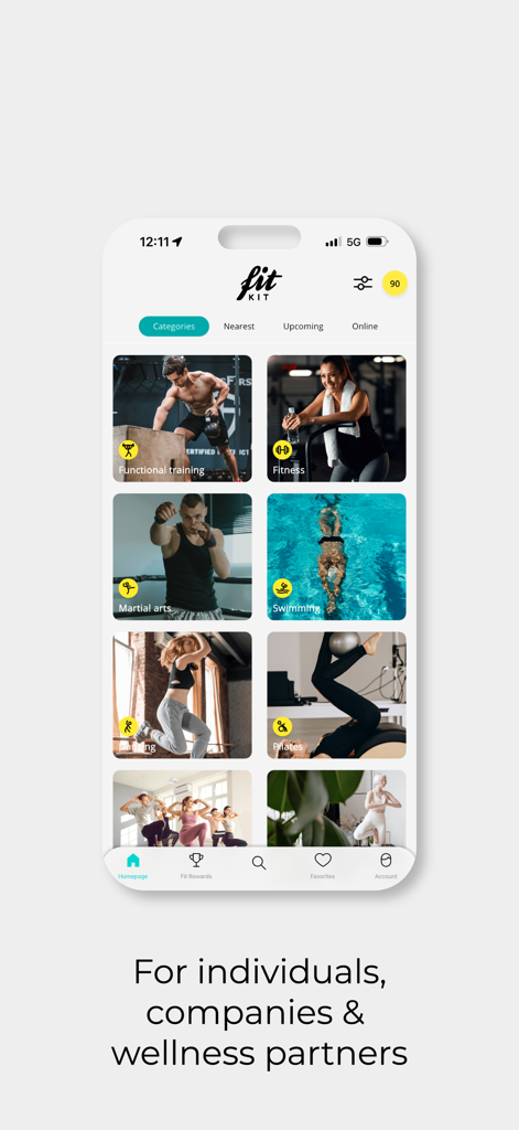 FitKit app interface displaying various health and fitness categories including functional training, swimming, and pilates