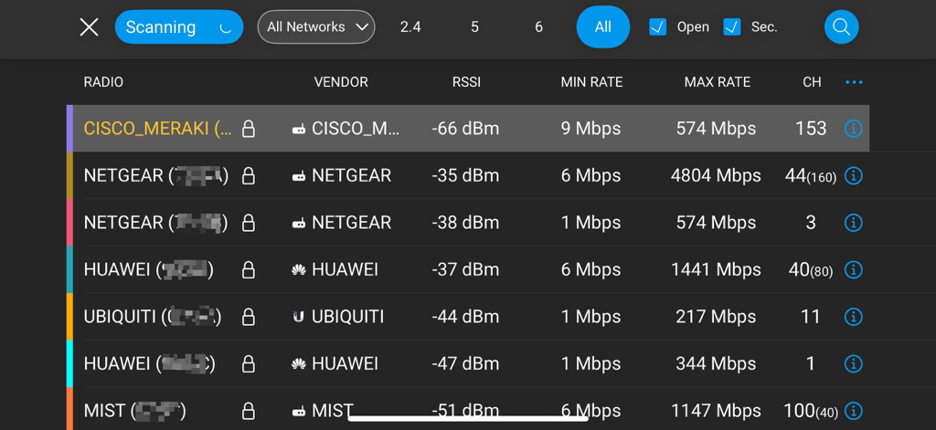 Interfaccia di Ekahau Analyzer che mostra un elenco di reti Wi-Fi scansionate con dati RSSI e vendor