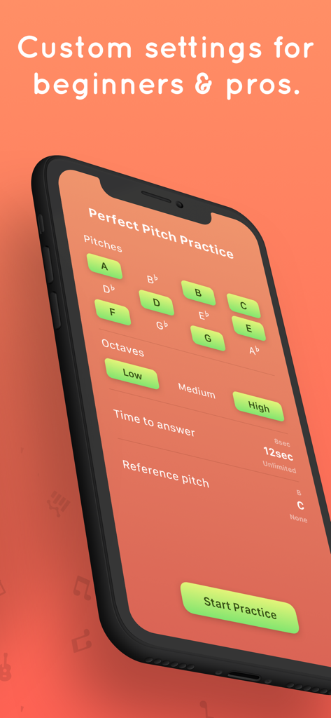Tone - Learn Perfect Pitch! - Customizable settings screen for perfect pitch practice in the Tone app