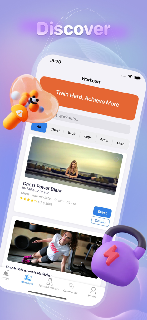 Smartphone screen displaying the Canvio app Discover page with various fitness workout programs and coaching categories
