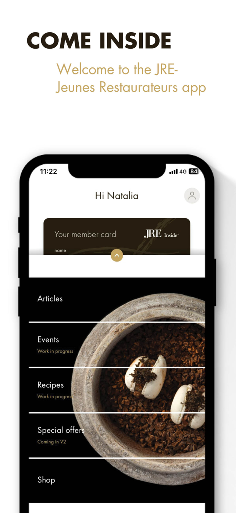 Pantalla de inicio de la aplicación JRE que muestra la tarjeta de miembro digital y las categorías del menú culinario