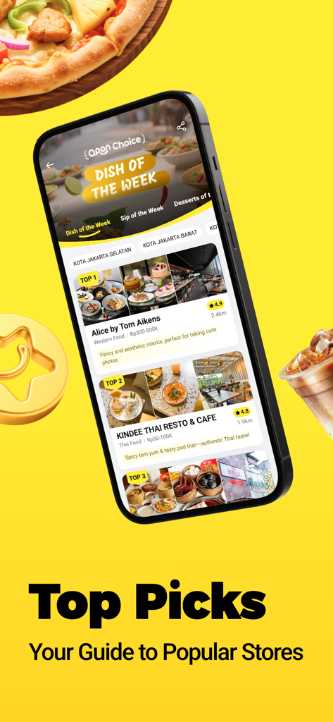 Un teléfono móvil mostrando la aplicación Qpon con las mejores selecciones de restaurantes y recomendaciones del plato de la semana sobre un fondo amarillo vibrante.