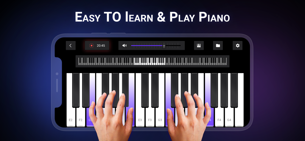 DJ Music Mixer - Dj Remix Pro - Teclado de piano virtual en la pantalla de un smartphone con manos tocando las teclas