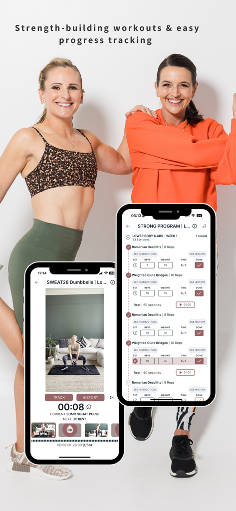 FitMom App - Deux femmes souriantes derrière des écrans de téléphone portable affichant les programmes de renforcement musculaire et les fonctionnalités de suivi des progrès de l'application FitMom