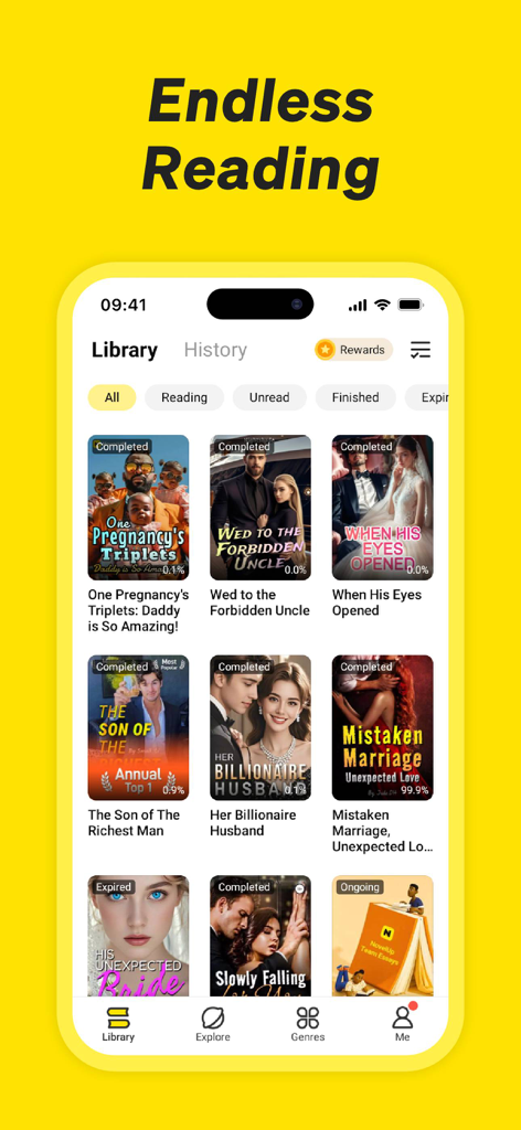 NovelUP-App-Bibliotheksbildschirm zeigt eine Sammlung von Romance- und Milliardärs-Webnovel-Covern.