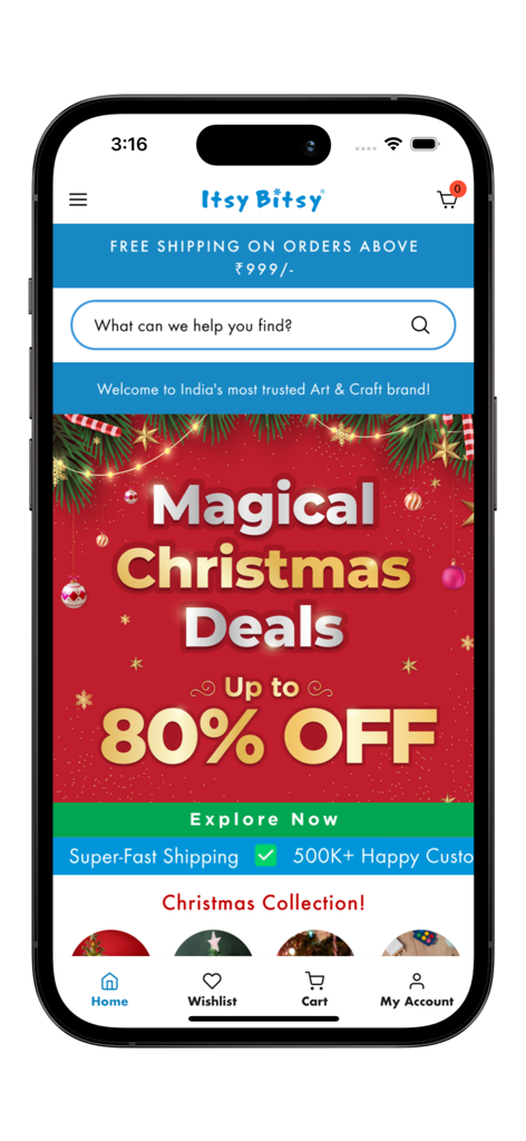 Itsy Bitsy mobile app home screen showing a Magical Christmas Deals banner with up to 80 percent discount on art and craft supplies