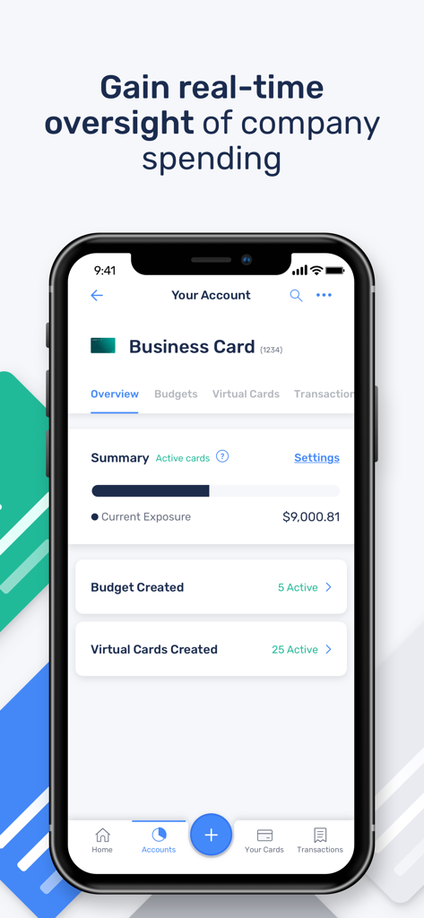Extend app dashboard showing real-time oversight of company spending with summaries for active cards, budgets, and virtual cards.