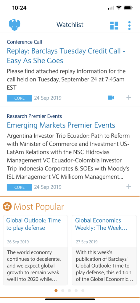 Barclays Live - Barclays Live app watchlist showing credit call replays and institutional market research.