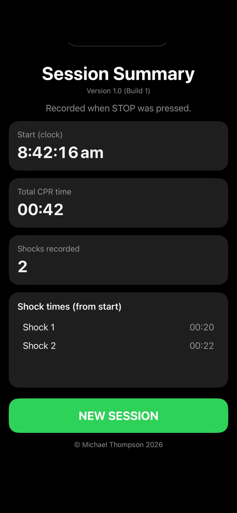 CPR Timer - Session summary screen showing CPR duration and recorded shock timestamps