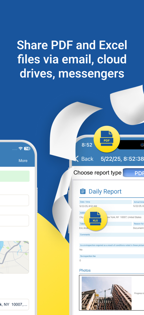 Construction Manager App - Mobile screen of the Construction Manager app showing how to share daily reports in PDF and Excel formats