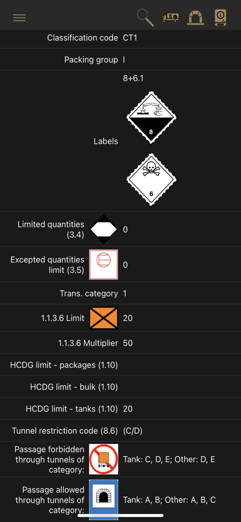 ADR Tool 2023 Dangerous Goods - Détails de classification des marchandises dangereuses et de restriction des tunnels dans l'ADR Tool 2023