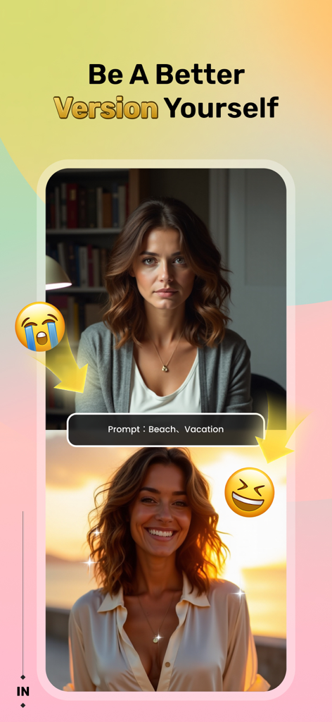 Chatr AI: Chat, Play, Fantasy - Personaje de IA cambiando de un entorno interior triste a unas felices vacaciones en la playa usando indicaciones de texto.