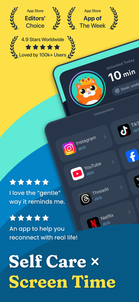 Clarymind: Focus + Self Care - Clarymind app interface for self care and screen time management with app blocking features and user reviews