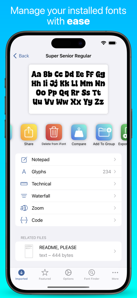 iFont: find, install any font - Interfaz de la aplicación iFont que muestra opciones de gestión y vista previa para una fuente personalizada instalada.