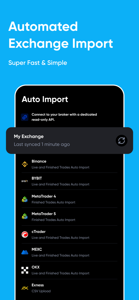 Schermata di importazione automatica dei trade con supporto per Binance, BYBIT e MetaTrader