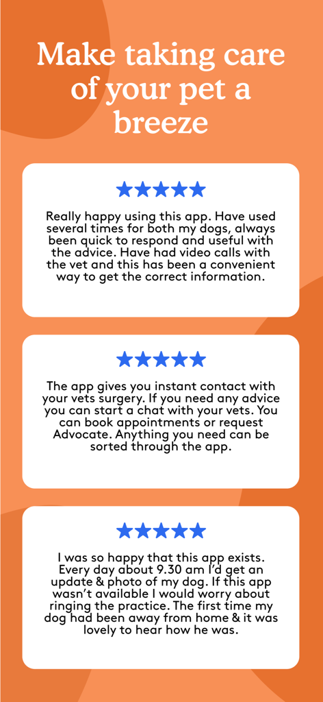 PetsApp - Three five star user reviews for the PetsApp application with testimonials about vet chat and pet updates