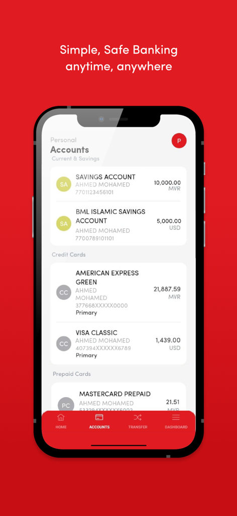 BML Mobile Banking - Smartphone screen showing the Bank of Maldives mobile app account overview including savings and credit card balances