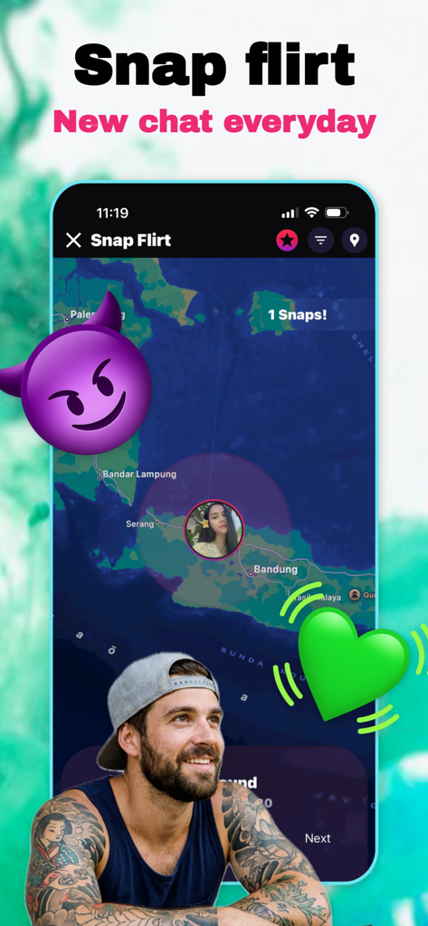 Snap Flirt feature in the Minglify app showing a map with nearby users for video chat