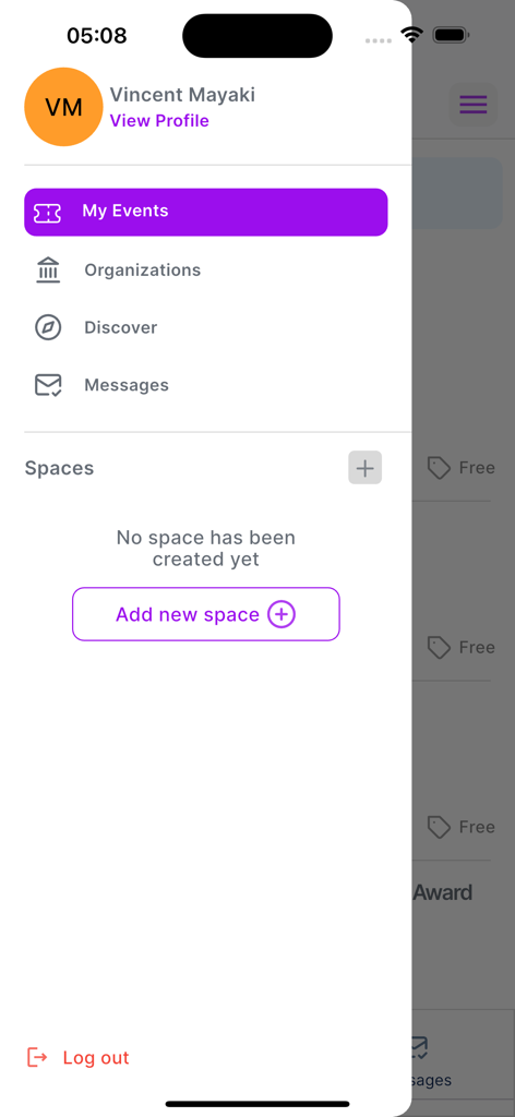 EventPadi - El menú de navegación lateral de la aplicación EventPadi que muestra el perfil del usuario y las secciones de gestión de eventos.