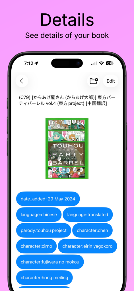 LANreader - Una captura de pantalla de la aplicación LANreader que muestra la página de detalles de un libro de manga, incluyendo su arte de portada y varias etiquetas de metadatos descriptivas