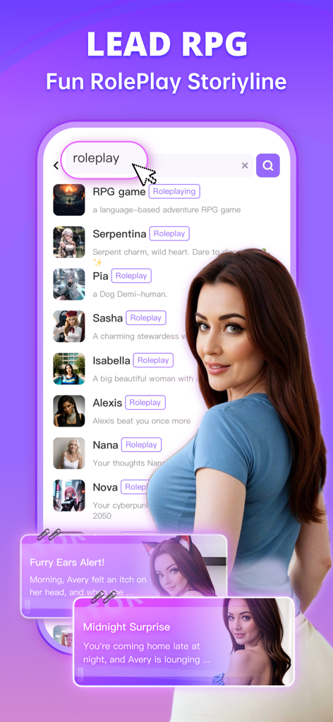 Rosytalk-RP lover AI character - Pantalla de la aplicación Rosytalk con varios personajes de IA y opciones de argumento de rol