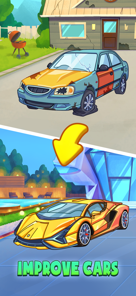 Una comparación de antes y después que muestra un coche deportivo de lujo viejo y roto transformándose en uno elegante y amarillo frente a una mansión.