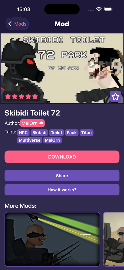 다운로드 버튼이 있는 Skibidi Toilet 72 모드 팩 선택 화면