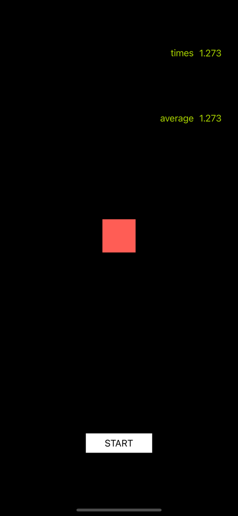 Reaction Time Test - RTT - 반응 시간 테스트 앱 인터페이스, 빨간색 사각형과 반응 시간 통계 표시