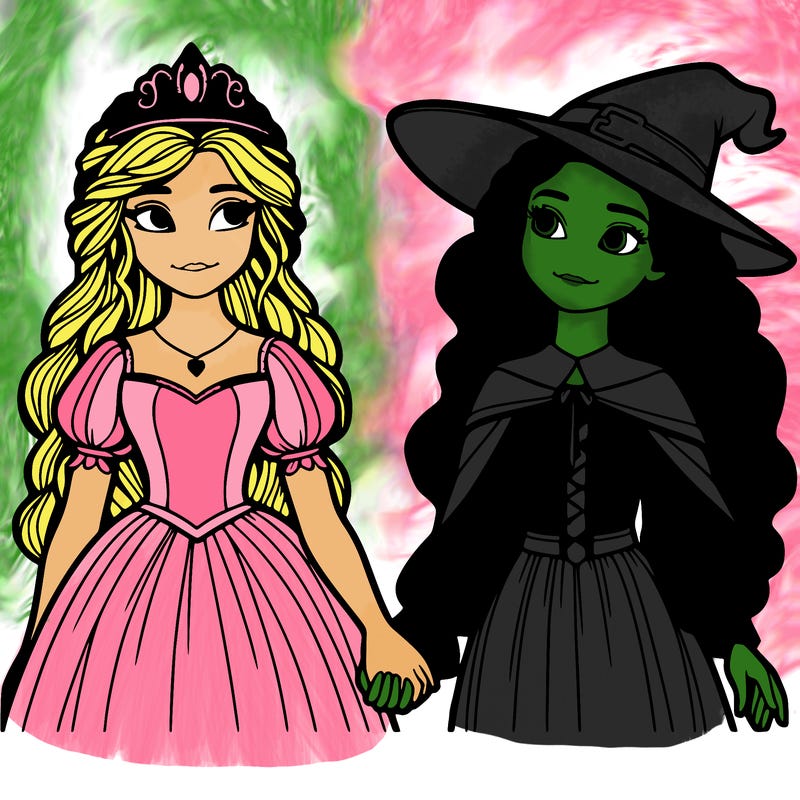a princess and a witch holding hands realistic