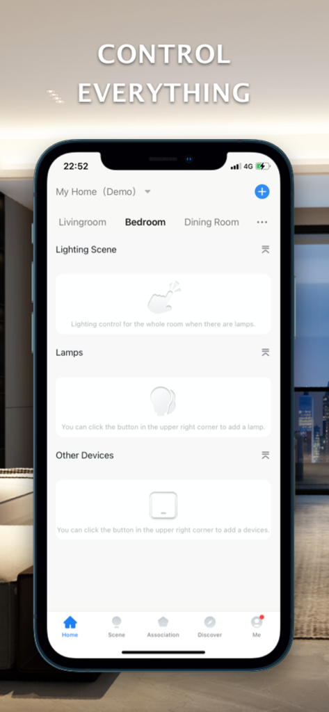 Smart Life Pro-Smart Home - Smart Life Pro app dashboard showing room categories and lighting control options on an iPhone