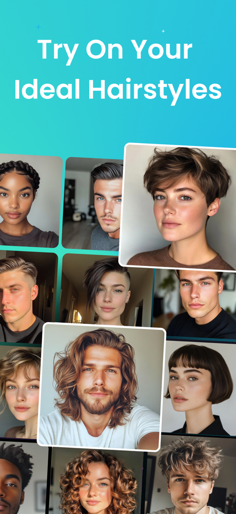 Hairstyle Try On: Hair cut - Collage di uomini e donne diversi che mostrano varie acconciature di tendenza disponibili nell'app di prova acconciature AI