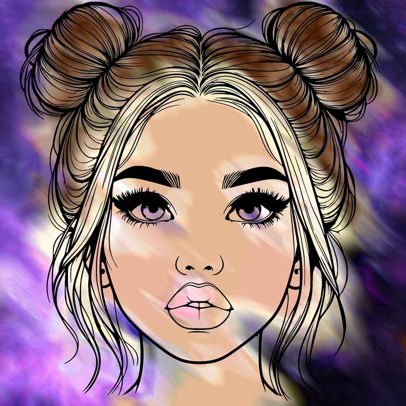 realistic girl with two buns on her hair and lips