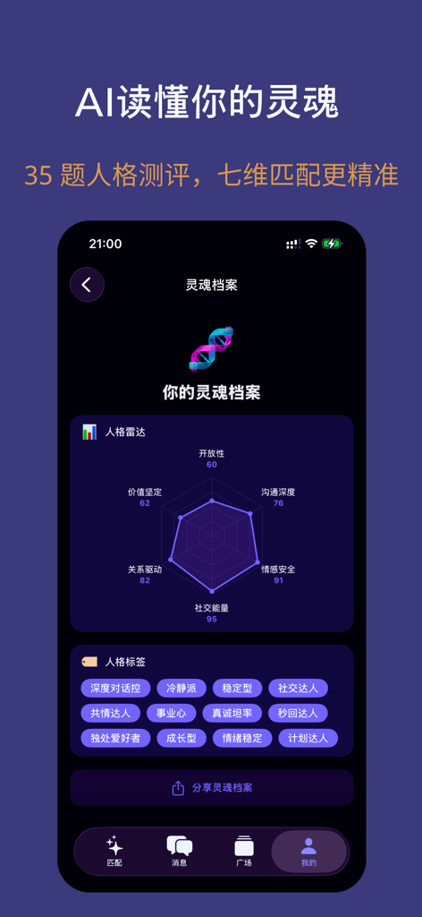 Uma captura de tela móvel do XiaChat mostrando um gráfico de radar de personalidade de sete dimensões e tags de perfil de alma.