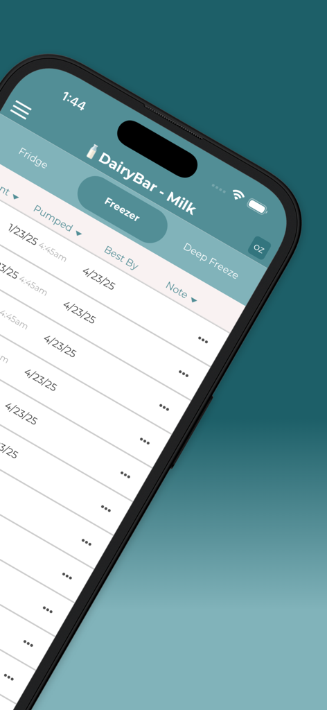 DairyBar - DairyBar app interface showing a list of stored breast milk in the freezer with pumped dates and expiration dates
