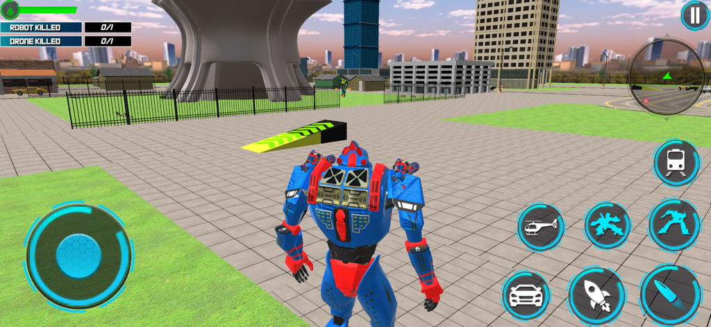 War Machines:Battle Robot Game - Captura de pantalla del juego de War Machines mostrando un robot azul y rojo en una ciudad con botones de transformación