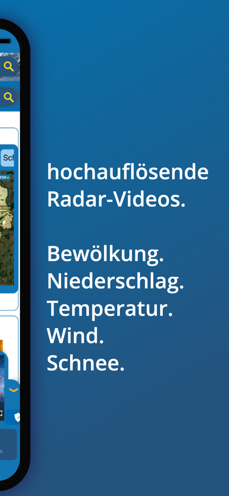 wetter.at - 구름, 강수량, 온도, 바람, 눈에 대한 고해상도 레이더 영상과 일기 예보를 보여주는 wetter.at 앱 인터페이스