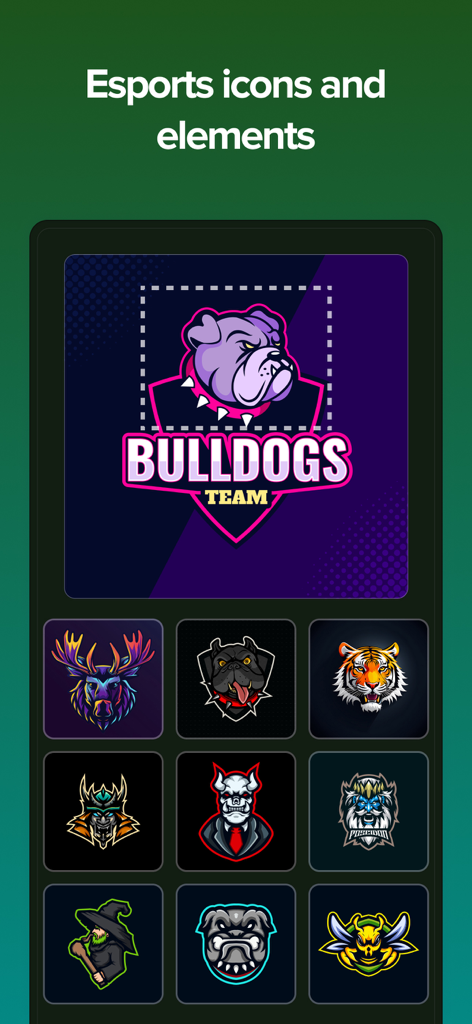 Logo Esport Maker - Mascot - Mobile app interface displaying a variety of esports mascot icons and a customizable bulldog team logo